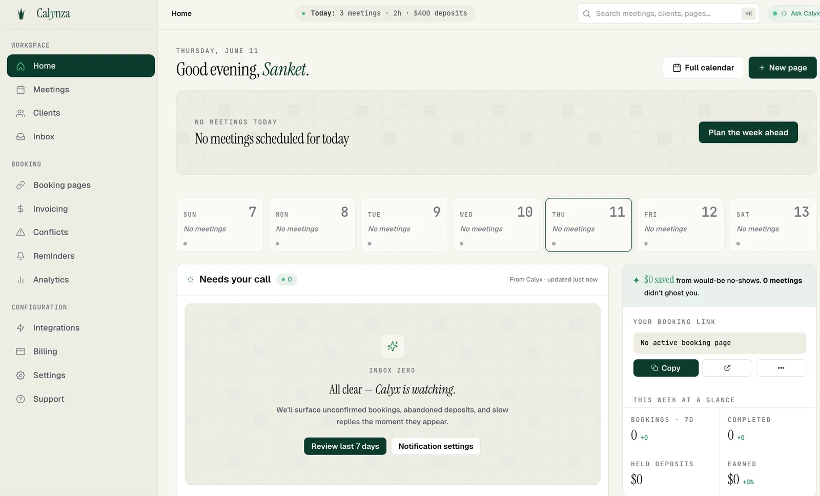 Calynza bookings dashboard